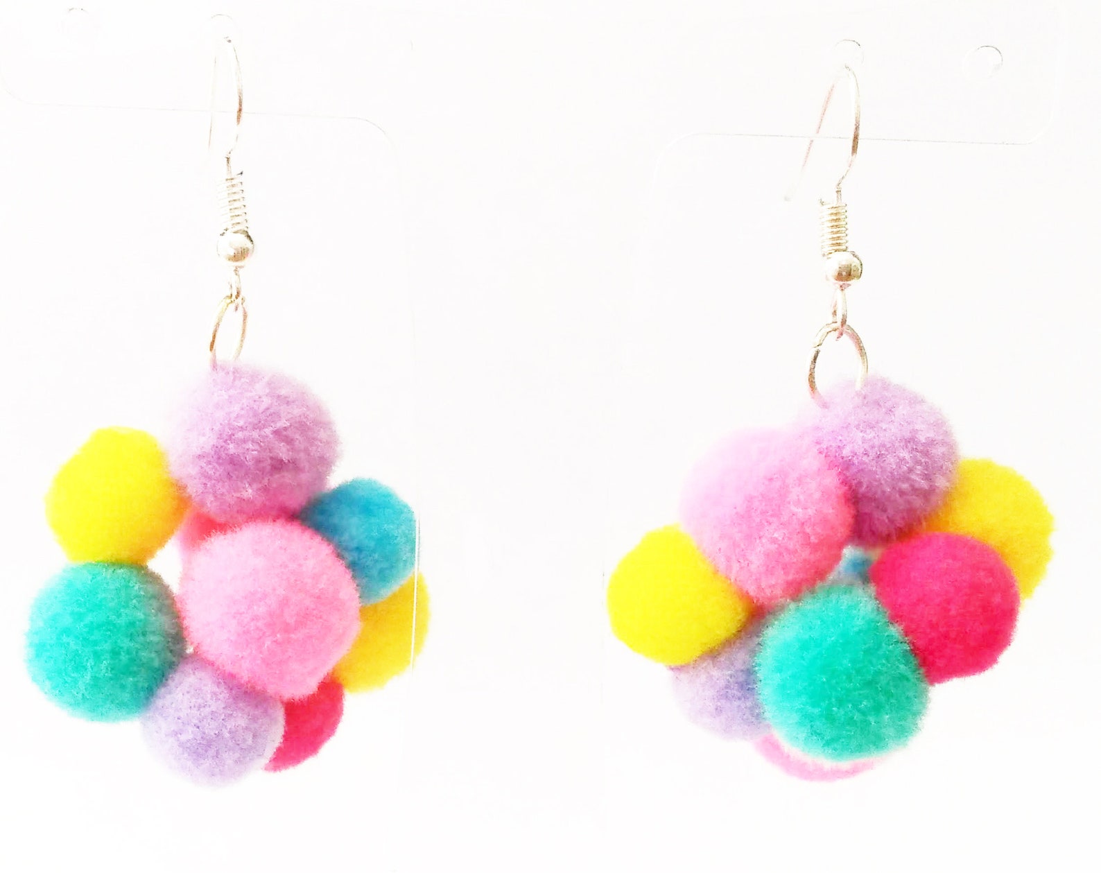 Rainbow Pom Pom Earrings Pom Pom Clustered Earrings Multi Etsy