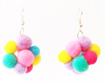 Rainbow Pom Pom Earrings Pom Pom Clustered Earrings Multi Coloured Pompom Earrings Fun and Quirky Earrings Statement Earrings