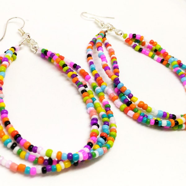 Long Rainbow Earrings Rainbow Bead Dangle Earrings Multi-coloured Earrings Rainbow Hoop Earrings Long Dangle Earrings Seed Bead Earrings