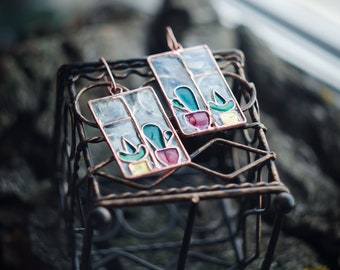 Cactus earrings, Window earrings, Ukraine jewelry, Statement earrings, Stained glass earrings, Plant earrings, Succulent earrings,