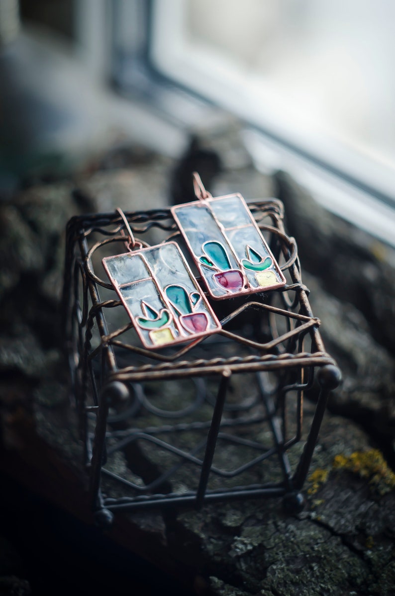 Window earrings Statement earrings Stained glass earrings Cactus earrings Succulent earrings, Window frame Plant earrings