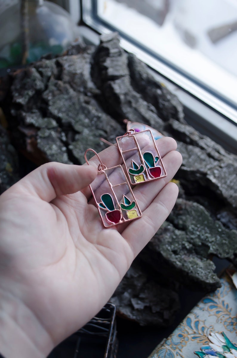 Window earrings Statement earrings Stained glass earrings Cactus earrings Succulent earrings, Window frame Plant earrings