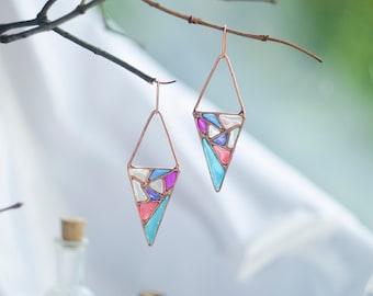 Triangle earrings, Vitrage earrings, Geometric earrings, Colored earrings, Carnaval earrings, Stained glass earrings, Wedding earrings.