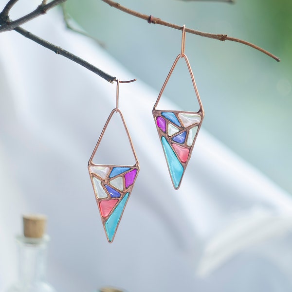 Triangle earrings, Vitrage earrings, Geometric earrings, Colored earrings, Carnaval earrings, Stained glass earrings, Wedding earrings.