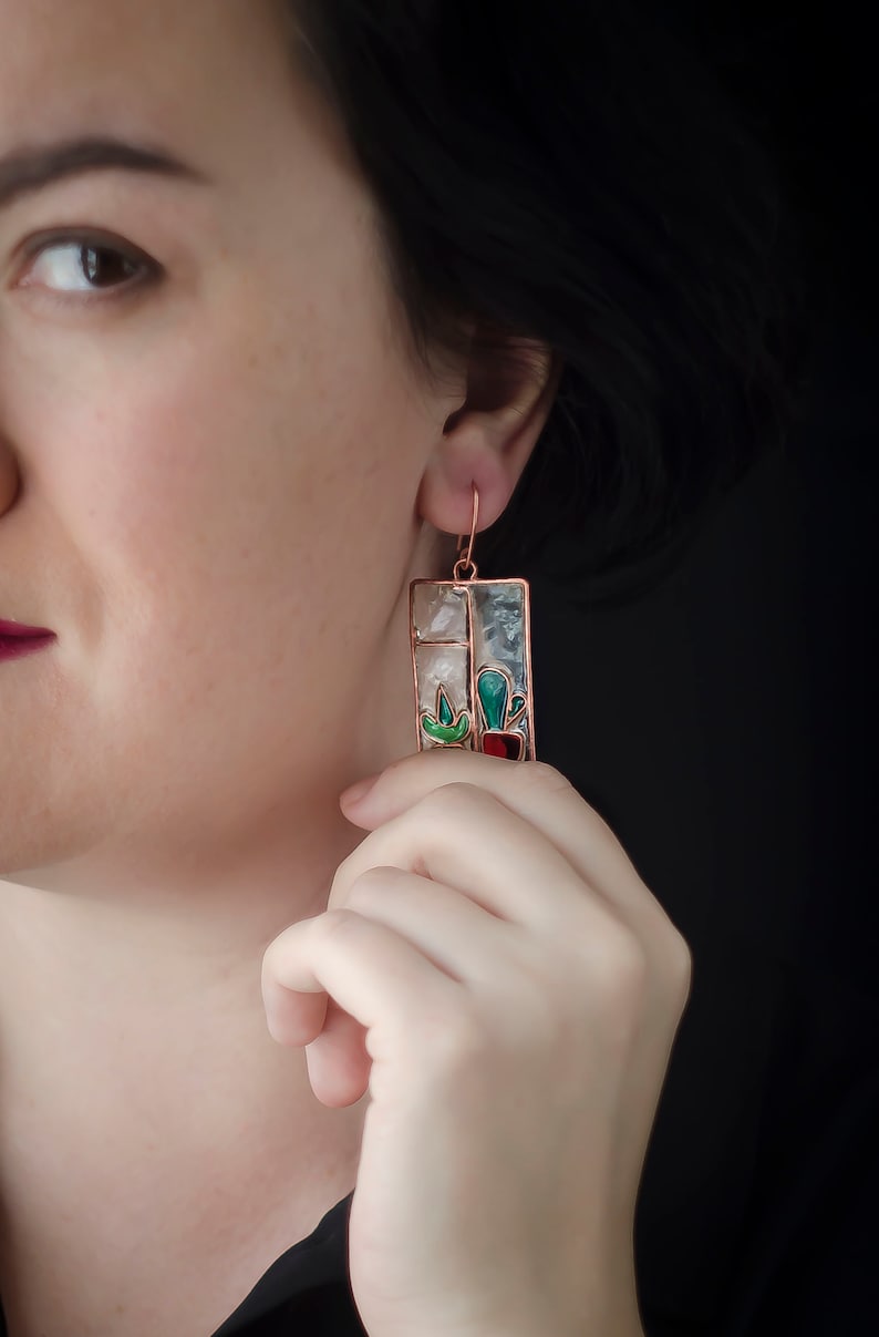 Window earrings Statement earrings Stained glass earrings Cactus earrings Succulent earrings, Window frame Plant earrings