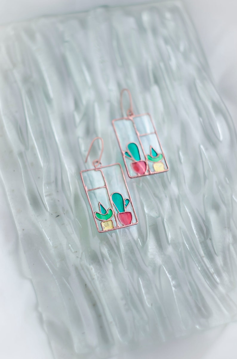 Window earrings Statement earrings Stained glass earrings Cactus earrings Succulent earrings, Window frame Plant earrings
