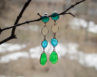 Green earrings, Long earrings, Studs, Stud earrings, Green studs, Glass earings, Green glass, Vitrage earrings.