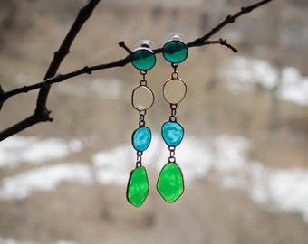 Green earrings, Long earrings, Studs, Stud earrings, Green studs, Glass earings, Green glass, Vitrage earrings.