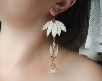 Wedding earrings, Long earrings, Floral earrings, Statement earrings, White earrings, Lotus earrings, Bridal earrings, Flower earrings.