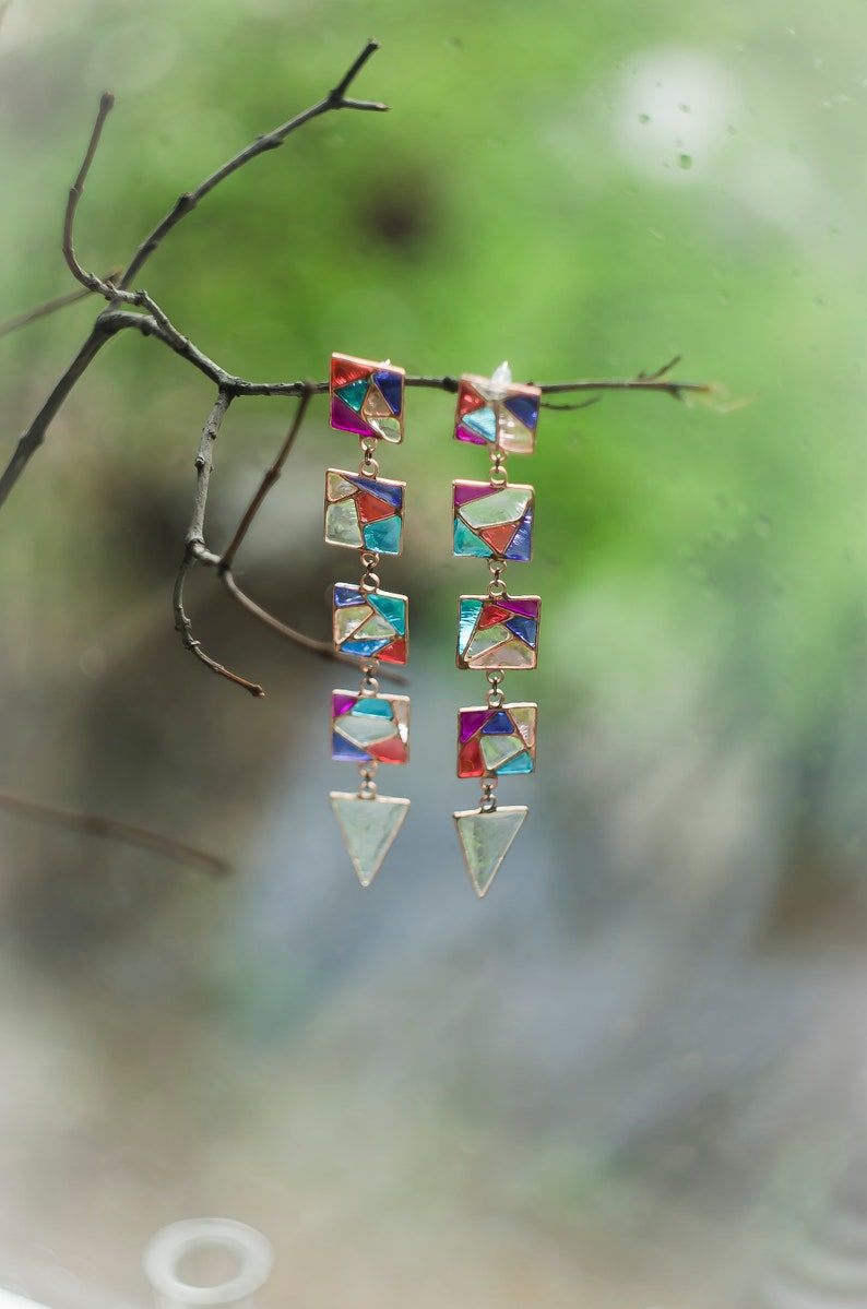Long earrings, Very long earrings, Vitrage earrings, Multicolor earrings, Arlequin earrings, Lucid earrings, Party earrings, Glass earrings. image 2