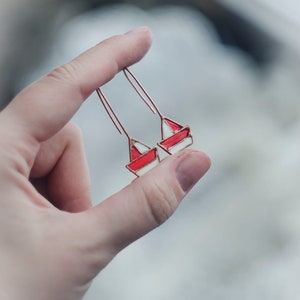 Paper boat, Sail Boat, Yacht, Ship earrings, Sailing earrings, Red earrings, Dangle earrings, Red boat, Ocean earrings, Sea, Small earrings image 1