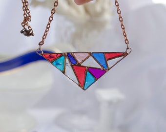 Rainbow necklace, Stained glass necklace, Gift for her, Multicolor pendant, Triangle pendant, Arlequin jewelry, Carnaval, Vitrage,