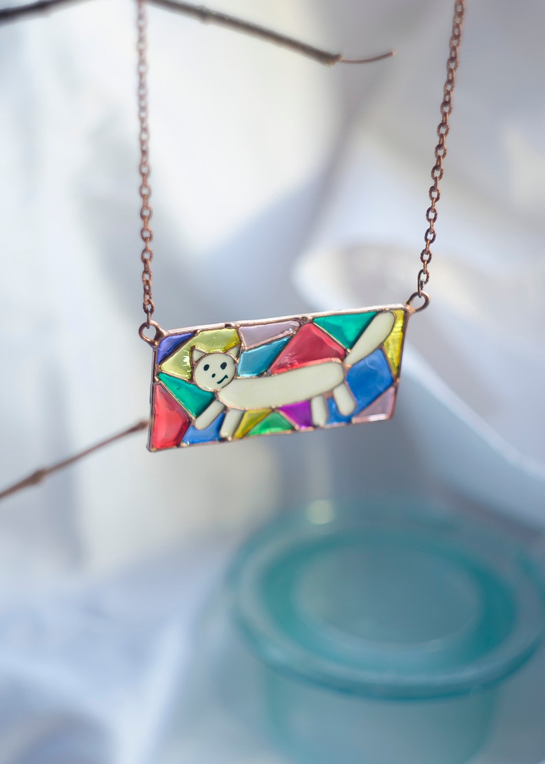 Cat pendant, Cat necklace, Cat charm pendant, Stained glass necklace, Stained glass jewelry, Colorful necklace, Vitrage, Rainbow necklace image 5