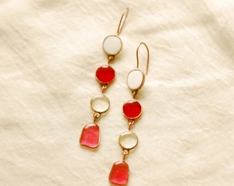 Long Earrings, Red earrings, Glass earrings, Pink earrings, Holiday earrings, Summer earrings, Circle earrings, Colored earrings.