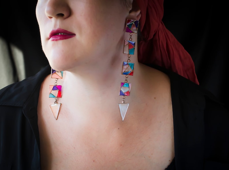 Long earrings, Very long earrings, Vitrage earrings, Multicolor earrings, Arlequin earrings, Lucid earrings, Party earrings, Glass earrings. image 1
