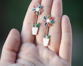 Flower earrings, Camomile, Colored flowers, Colored earrings, Flower studs, Flowerpot earrings, Funny earrings, Succulent earrings, Biology.