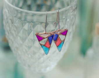 Triangle earrings, Vitrage earrings, Geometric earrings, Colored earrings, Carnaval earrings, Stained glass earrings, Wedding earrings.