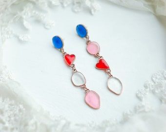 Stud earrings, Heart earrings, Blue earrings, Long earrings, Glass earrings, Author earrings, Wedding earrings,