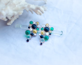 Green earrings, Wedding earrings, Stud earrings, Golden earrings, Multicolor earrings, Huge earrings, Party earrings, Statement earrings.