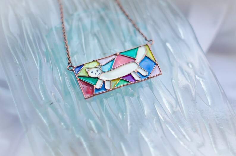 Cat pendant, Cat necklace, Cat charm pendant, Stained glass necklace, Stained glass jewelry, Colorful necklace, Vitrage, Rainbow necklace image 3