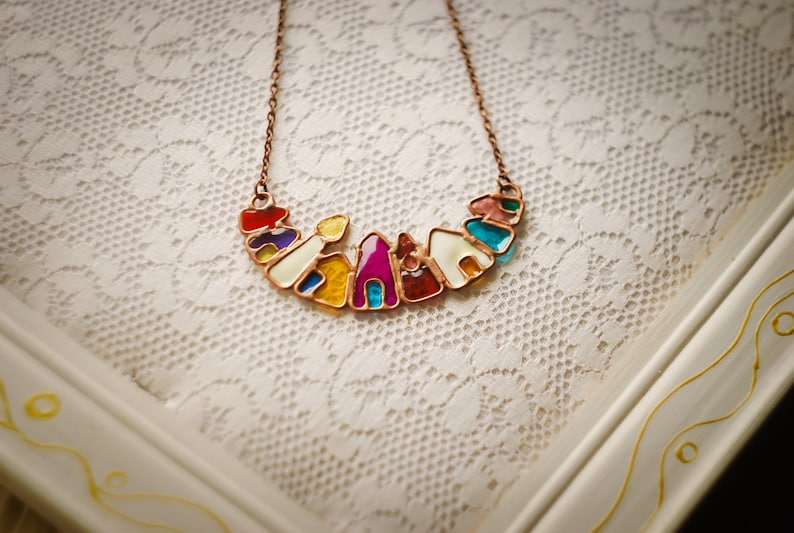 Fairy town, House necklace, Wizard of oz, Colored houses, Buildings, Home necklace, Town necklace, City necklace, Architectural jewelry. image 1