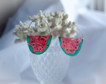 Watermelon, Hoop earrings, Big earrings, Red earrings, Big hoop earrings, Statement earrings, Fruit earrings, Circle earrings, Watermelon.