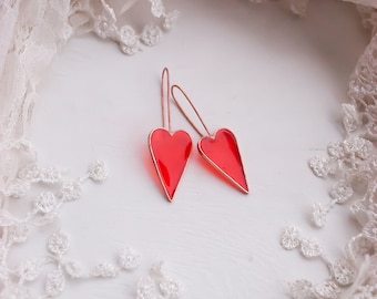 Dangle heart earrings, Big heart earrings, Red heart earrings, Valentine earrings, Red earrings, Heart earrings, Wedding earrings,