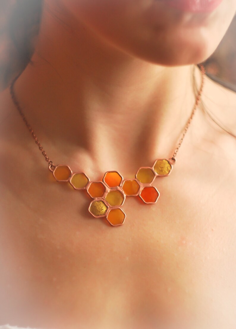 Honeycomb necklace, Honey necklace, Honeycombs, Honeycombs necklace, Honey bee jewelry, Yellow necklace, Bee necklace, Honey comb jewelry image 2