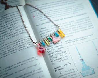 Chemistry necklace. Geek necklace. Geek jewelry. Potion. Fisk. Poison. Bottle jewelry. Bright necklace.