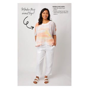 May include: A short-sleeved tunic with a watercolor-style orange, yellow, and white horizontal brushstroke pattern, paired with white trousers. Text reads: Make this exact top! BUNDLE INCLUDES: NANI IRO Artist Tunic pattern, 3 yards of fabric.
