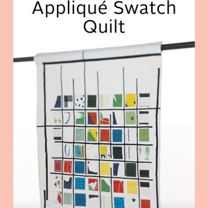 May include: A white quilt with a grid pattern, featuring colorful fabric swatches. The quilt is labeled "Yoshiko Jinzenji's Appliqué Swatch Quilt" and is part of the "Japanese Quilt Artist Series."