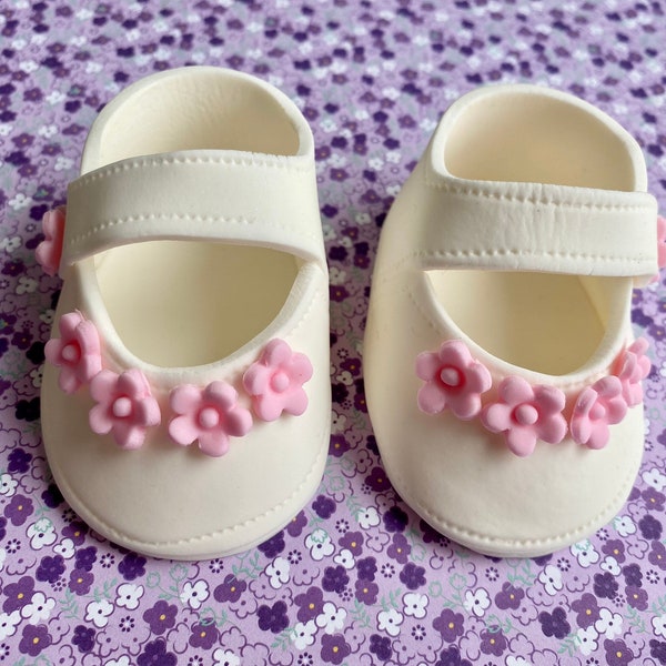 Baby shower cake toppper/ baby girl white shoes with pink flowers fondant