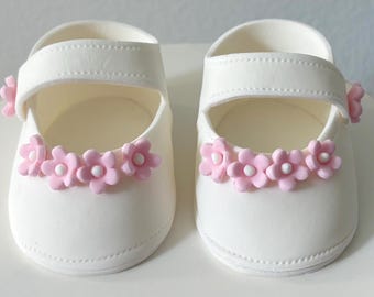 Baby shower cake toppper/ baby girl white shoes with pink flowers fondant