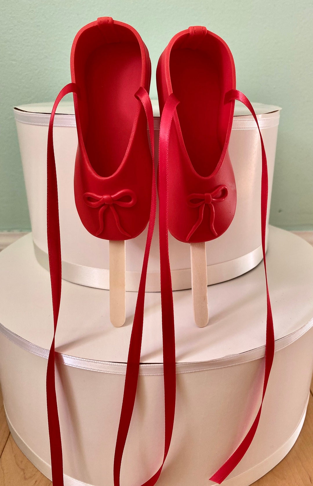 Custom Edible Red Ballet Slippers Ballerina Shoes WITH STICKS Gum Paste