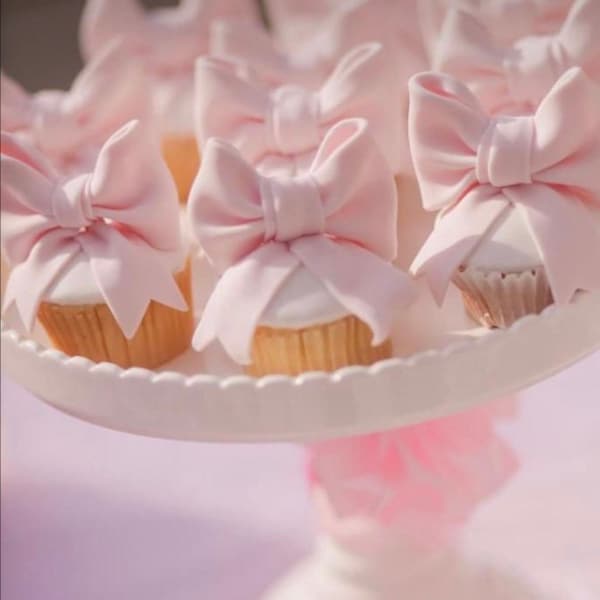 Set of 12 light Pink or White bows cupcake toppers.