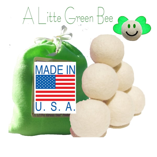Wool Dryer Balls 100% Natural Unscented Gift Set of 4, 6 or 8 w/ FREE felt bag w/ drawstring ribbons Premiun USA wool fleece needle-felted
