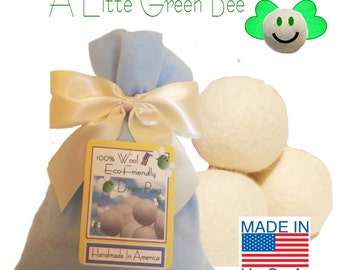 Baby Shower gift set -  3 Eco-friendly Wool Dryer Balls - Natural Unscented w/ ecofelt gift bag Premiun USA wool fleece needle-felted