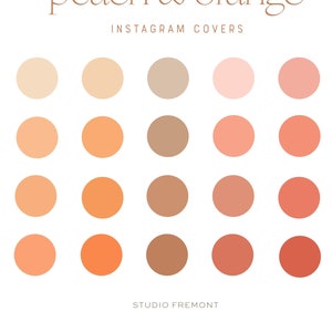 May include: A set of 20 Instagram story covers in peach and orange color tones. The colors range from light beige to dark coral. The text "peach & orange" and "INSTAGRAM COVERS" is at the top of the image. The text "STUDIO FREMONT" is at the bottom of the image.