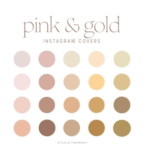 May include: A set of 20 Instagram story covers in shades of pink and gold. The covers are arranged in a grid of four rows and five columns. The text "pink & gold" and "INSTAGRAM COVERS" is displayed above the grid.