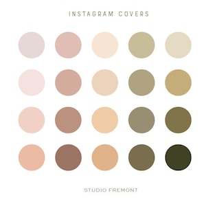May include: A selection of Instagram cover icons in a palette of neutral tones, such as blush, olive, and beige. The words "blush & olive" and "Instagram Covers" are displayed at the top, with "STUDIO FREMONT" at the bottom.