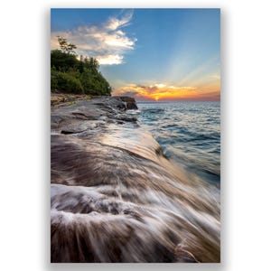 Fine Art Print - Sunrise with Rushing Water on Lake Superior - Michigan Upper Peninsula - Free Shipping