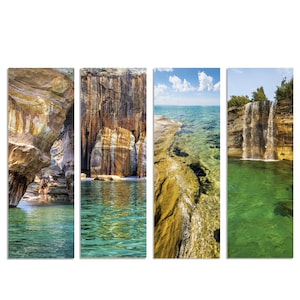 May include: A four-panel wall art set depicting a natural landscape. The panels show layered rock formations, clear turquoise water, a rocky shoreline under a blue sky with white clouds, and a waterfall cascading over a cliff into green water.