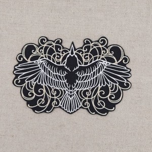 Scrolled  Raven iron on patch, Large  patch, Halloween applique, iron on Patch, Raven patch, Black raven, patches for denim jackets