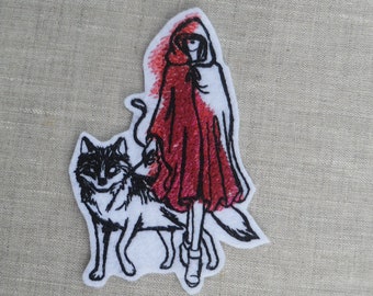 Red and the Wolf embroidery iron on patch, Red riding hood patch, little red riding hood, Wonderland, patches for clothes