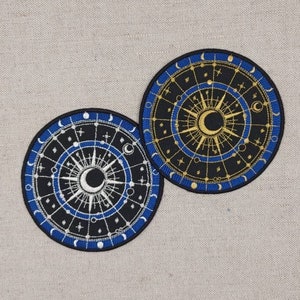 Vintage hemelse opstrijkbare patch, zon en maan zilver en goud decor, patches voor jassen