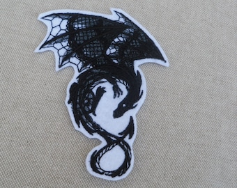 Dark Dragon gestickt Bügelbild, Patch für Jeans, Patch für Jacken, Rucksack, Black & White