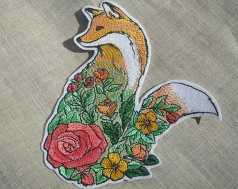 Floral Fox iron on patch for jackets, Flowers Patches, Fox patch, Fox in Flowers patch, Large patch, Cute patches, custom patches