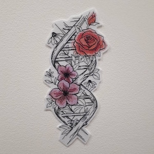 以下が含まれることがあります： ピンクと赤のバラと他の花が側面に沿って成長しているDNA二重らせんの白黒の線画です。