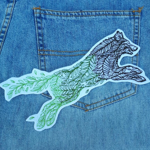 Fer à broder Leafy Wolf sur patch, patces pour vêtements, patchs pour vestes, grand patch, patch nature, applique animale