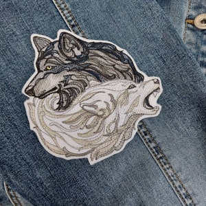 Untamed wolves embroidery iron on patch for jackets, yin yang wolf black and white patches for hoodies karate ornament gift for kids, adults